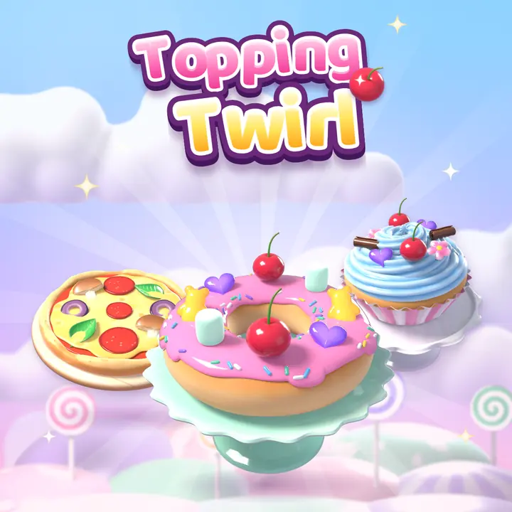 The Topping Twirl logo beside a decorated pizza, a pink donut with cherries on a cake stand and a cupcake in a candy sky.